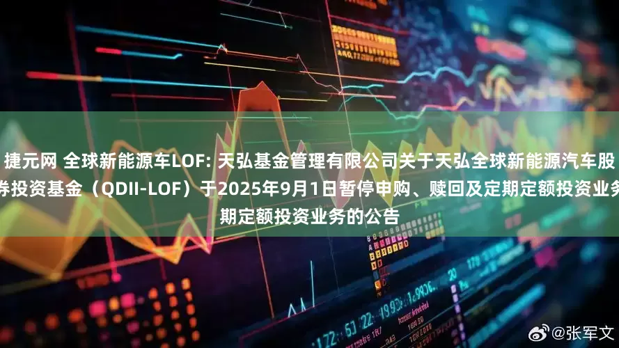 捷元网 全球新能源车LOF: 天弘基金管理有限公司关于天弘全球新能源汽车股票型证券投资基金（QDII-LOF）于2025年9月1日暂停申购、赎回及定期定额投资业务的公告